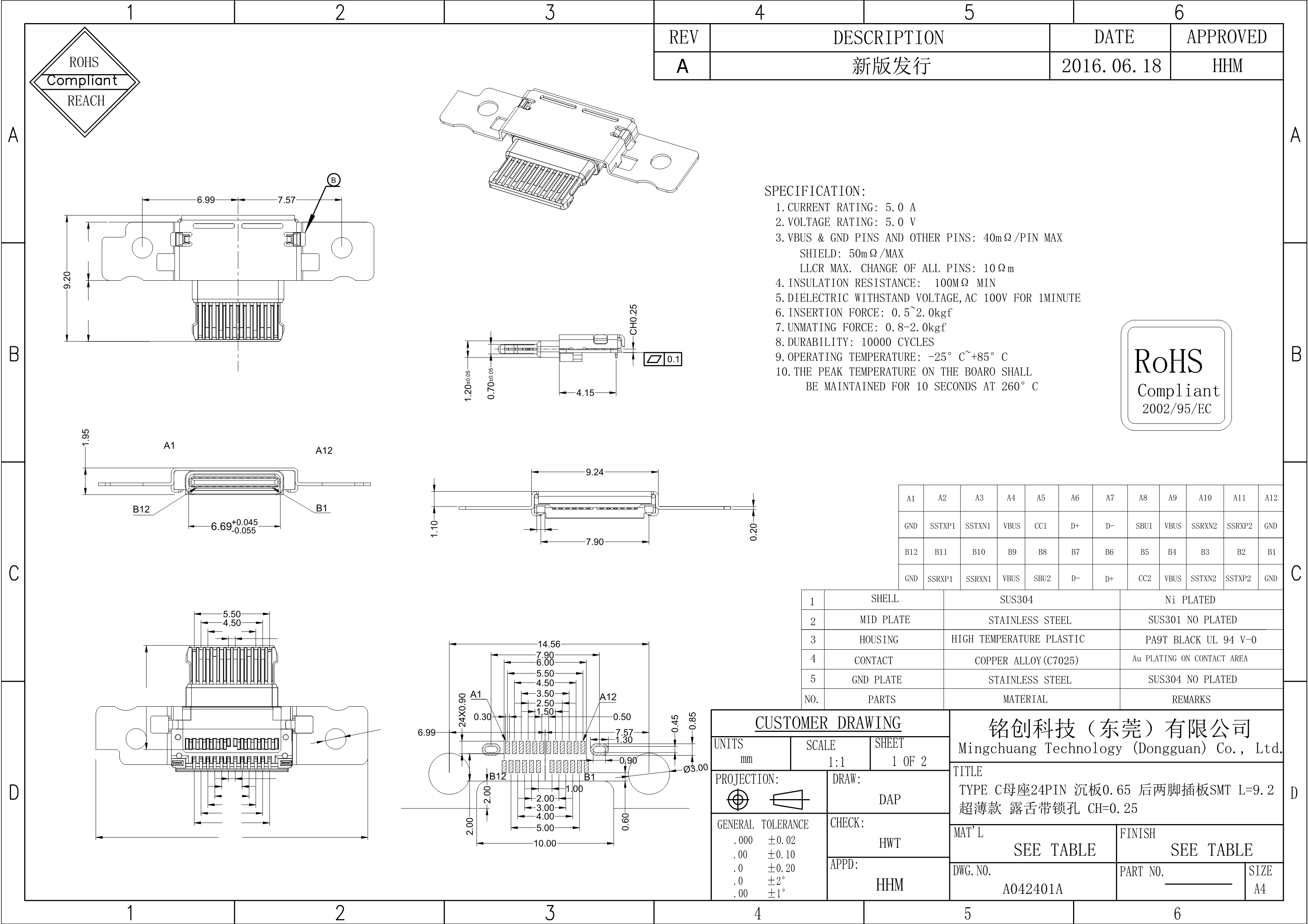 A042401A TYPE C母座24PIN 沉板0.65 后两脚插板SMT L=9.2 超薄款 露舌带锁孔 CH=0.25_1.png