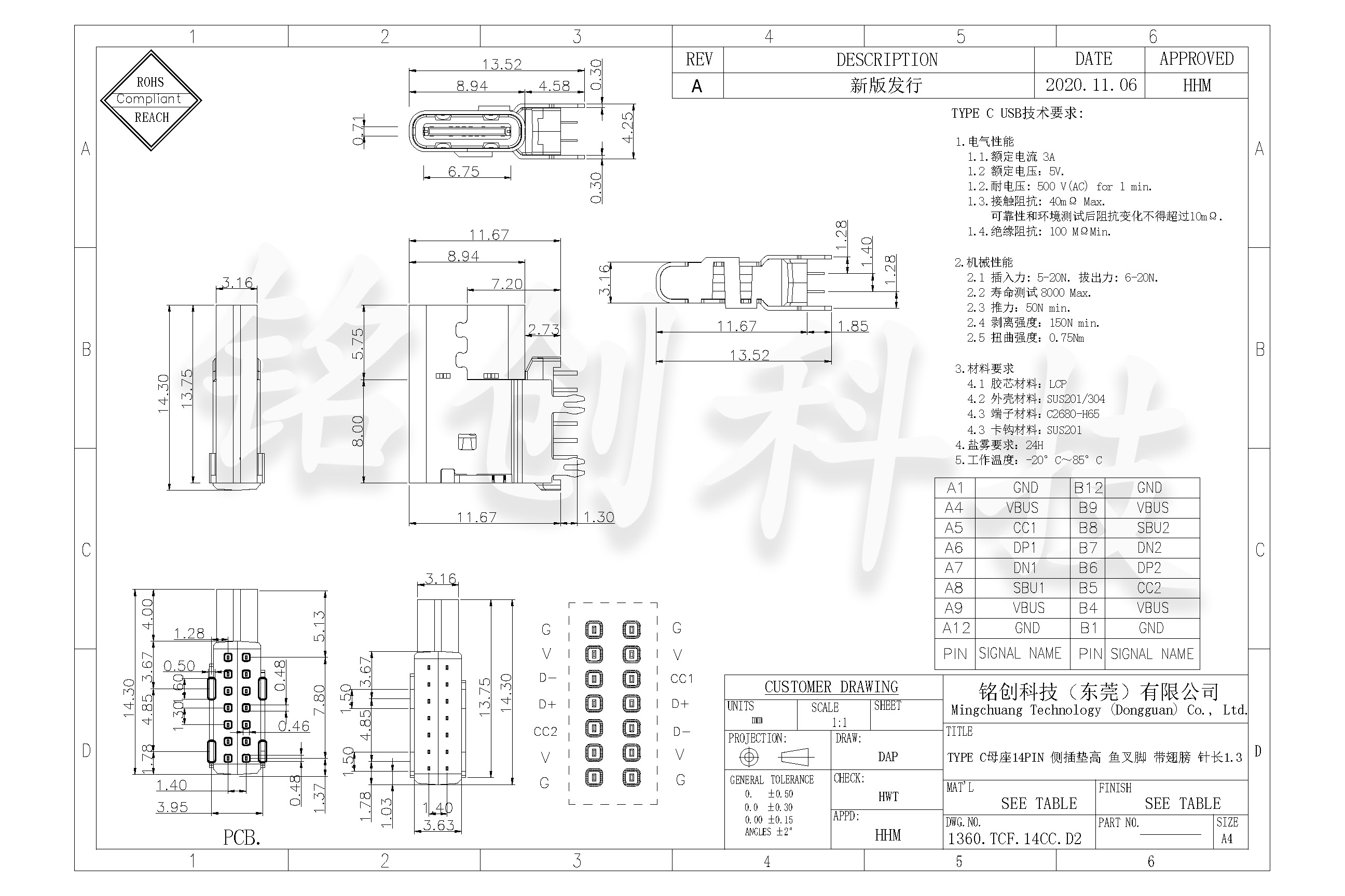 1360.TCF.14CC.D2 TYPE C母座14PIN 侧插垫高 鱼叉脚 带翅膀 针长1.3-模型.jpg