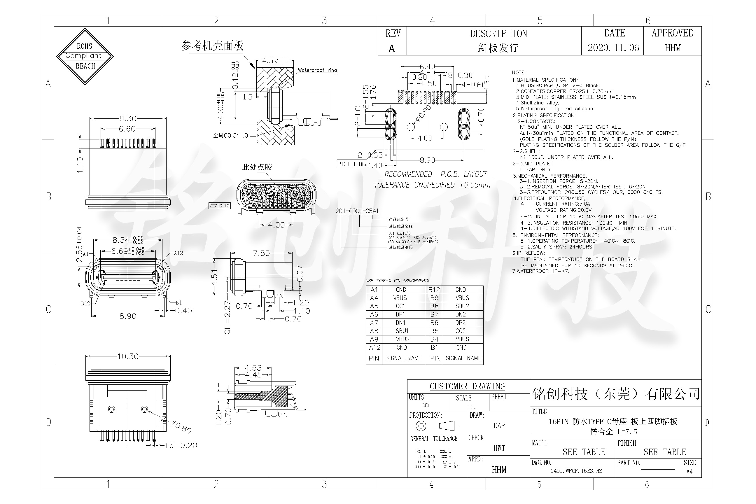 0492.WPCF.16BS.H3 16PIN 防水TYPE C母座 板上四脚插板 锌合金 L=7.5-模型.jpg