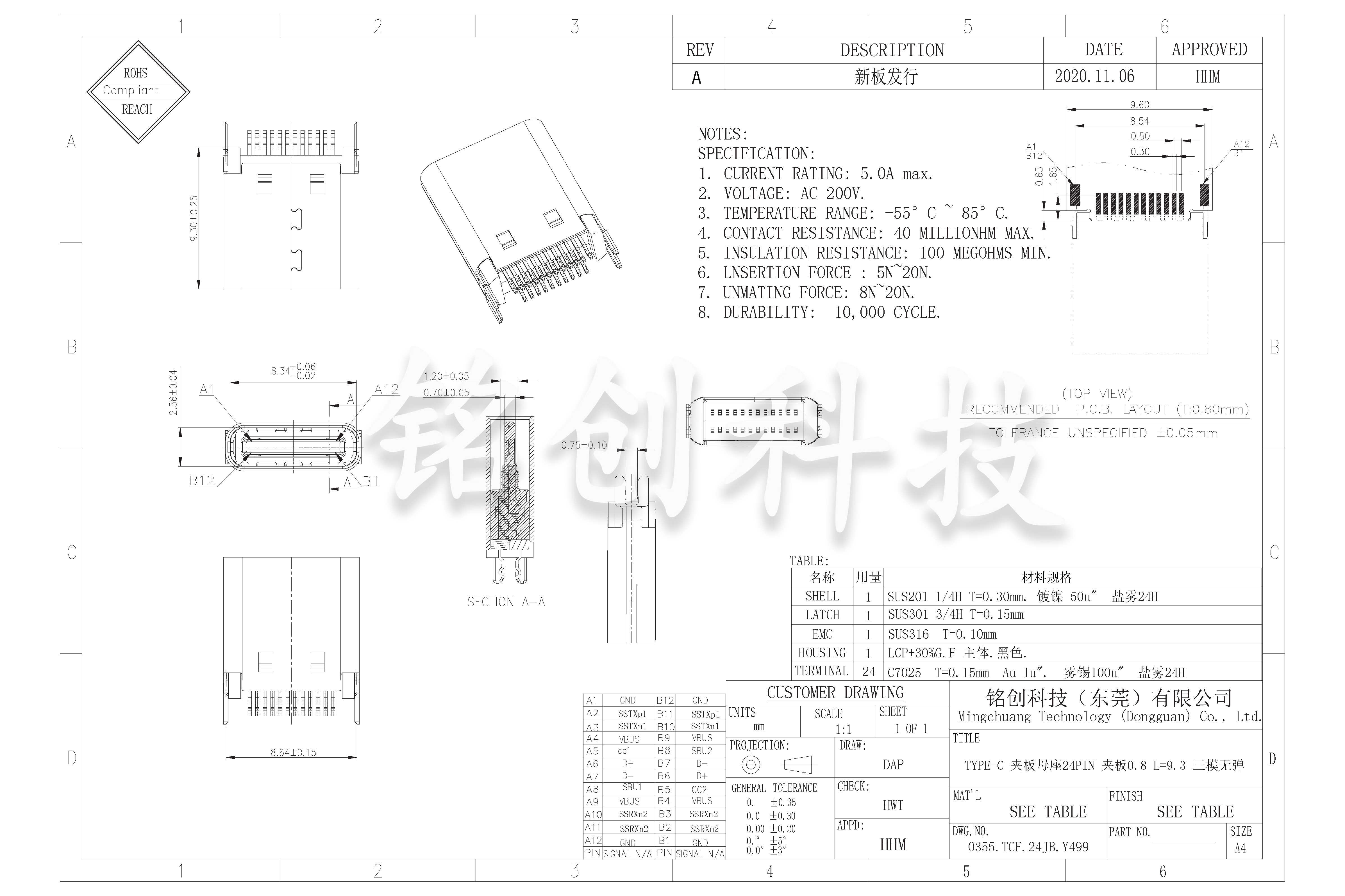 0355.TCF.24JB.Y499 TYPE-C 夹板母座24PIN 夹板0.8 L=9.3 三模无弹-模型.jpg