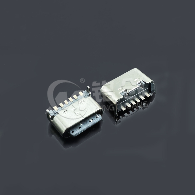 TYPE C母座6PIN 板上后两脚插板SMT L=5.0 短体露舌 不锈钢304