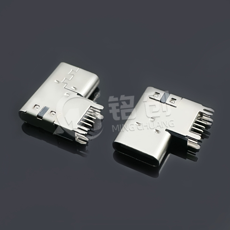 TYPE C母座14PIN 侧插 前小脚后鱼叉脚 针长1.6 三模 无弹 304 黄铜 LCP