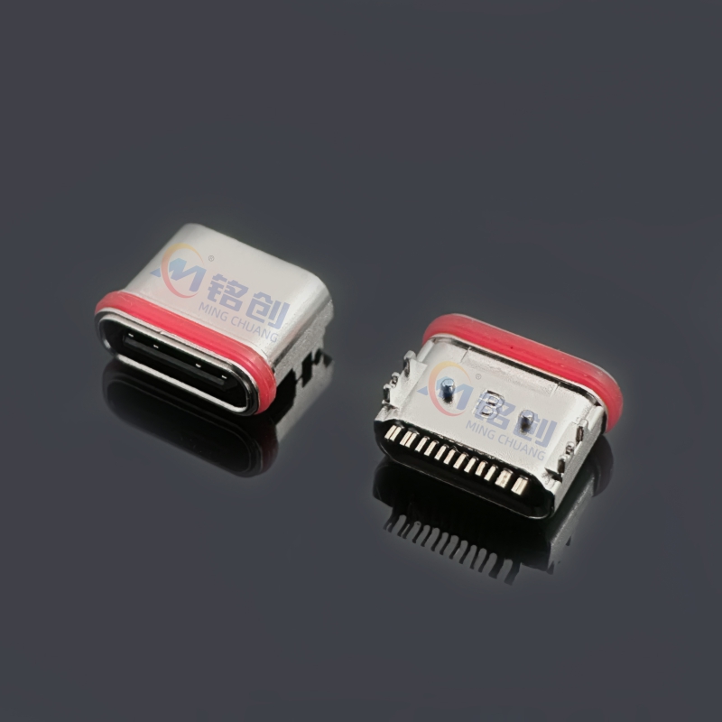 防水Type-C母座 16Pin 板上四脚插板SMT L=7.5 锌合金 USB接口