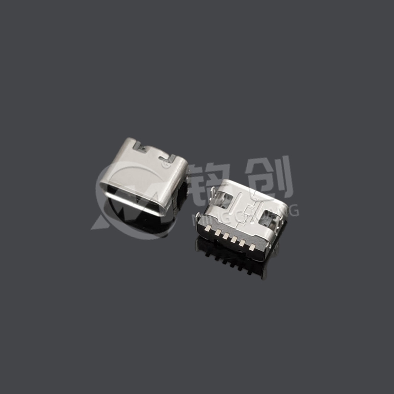 TYPE C母座6PIN 板上四脚插板SMT L=6.8 卷边无弹 带钢片 2.0新款 